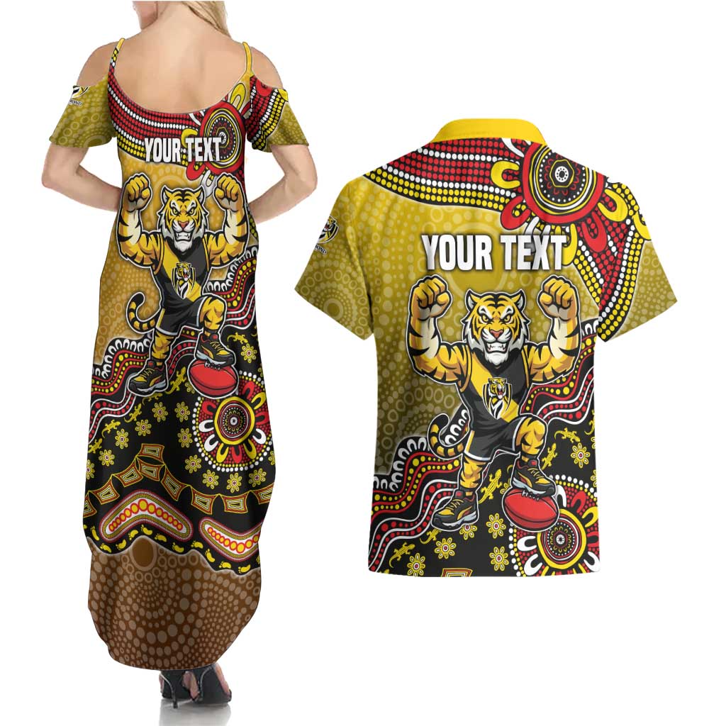 Personalized Richmond Tigers  Football Mascot Couples Matching Summer Maxi Dress and Hawaiian Shirt Aboriginal Dot Art Style Vibrant Indigenous Pattern Design