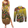 Personalized Richmond Tigers  Football Mascot Couples Matching Summer Maxi Dress and Long Sleeve Button Shirt Aboriginal Dot Art Style Vibrant Indigenous Pattern Design