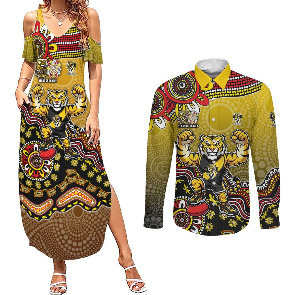 Personalized Richmond Tigers  Football Mascot Couples Matching Summer Maxi Dress and Long Sleeve Button Shirt Aboriginal Dot Art Style Vibrant Indigenous Pattern Design