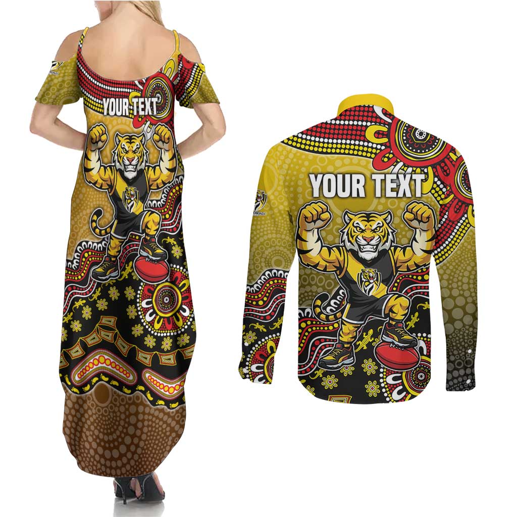 Personalized Richmond Tigers  Football Mascot Couples Matching Summer Maxi Dress and Long Sleeve Button Shirt Aboriginal Dot Art Style Vibrant Indigenous Pattern Design