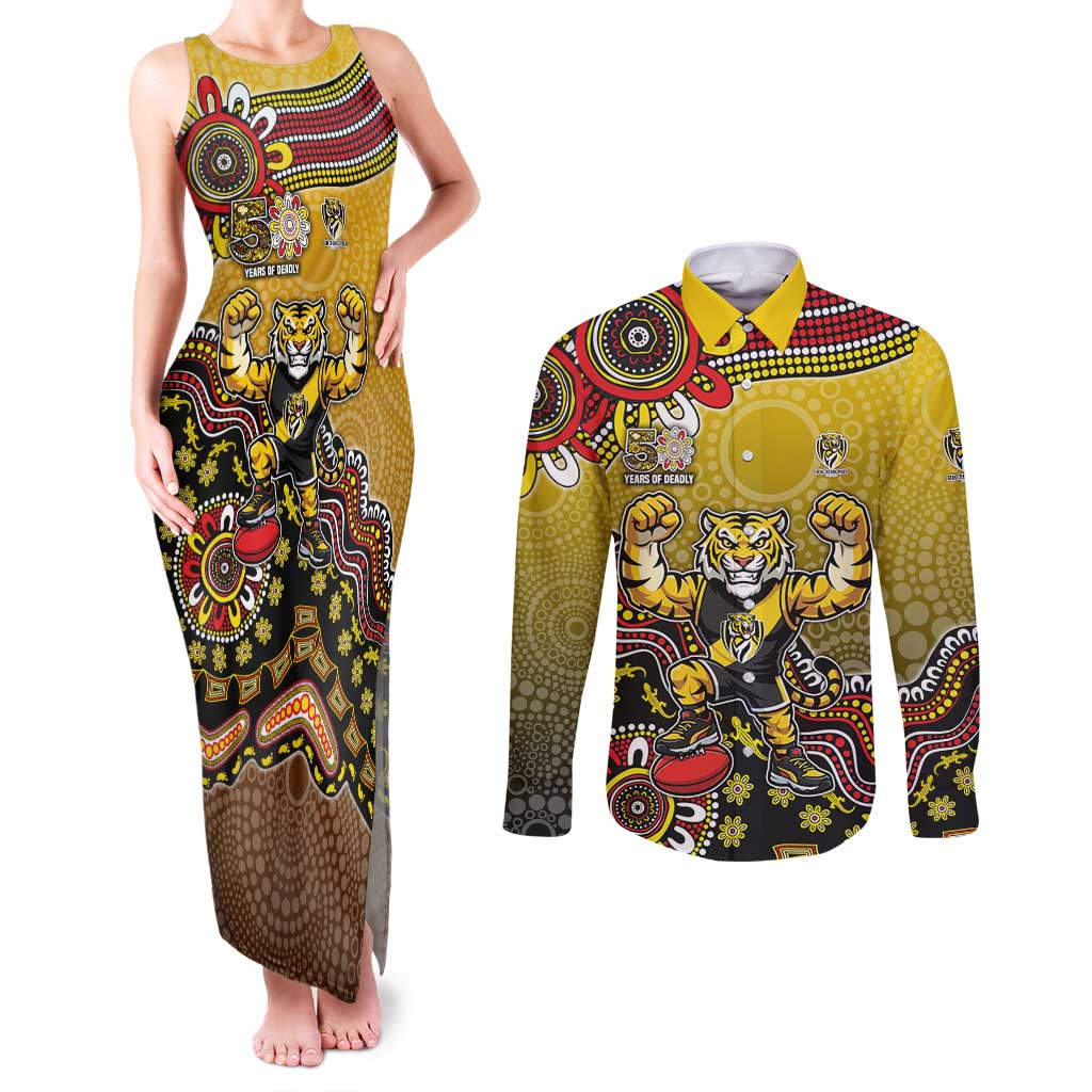 Personalized Richmond Tigers  Football Mascot Couples Matching Tank Maxi Dress and Long Sleeve Button Shirt Aboriginal Dot Art Style Vibrant Indigenous Pattern Design