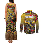 Personalized Richmond Tigers  Football Mascot Couples Matching Tank Maxi Dress and Long Sleeve Button Shirt Aboriginal Dot Art Style Vibrant Indigenous Pattern Design