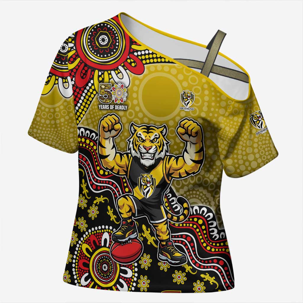 Personalized Richmond Tigers  Football Mascot Cross Shoulder Shirt Aboriginal Dot Art Style Vibrant Indigenous Pattern Design