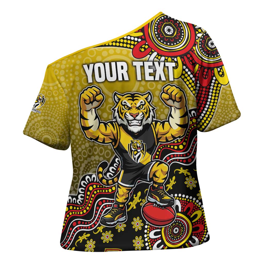 Personalized Richmond Tigers  Football Mascot Cross Shoulder Shirt Aboriginal Dot Art Style Vibrant Indigenous Pattern Design