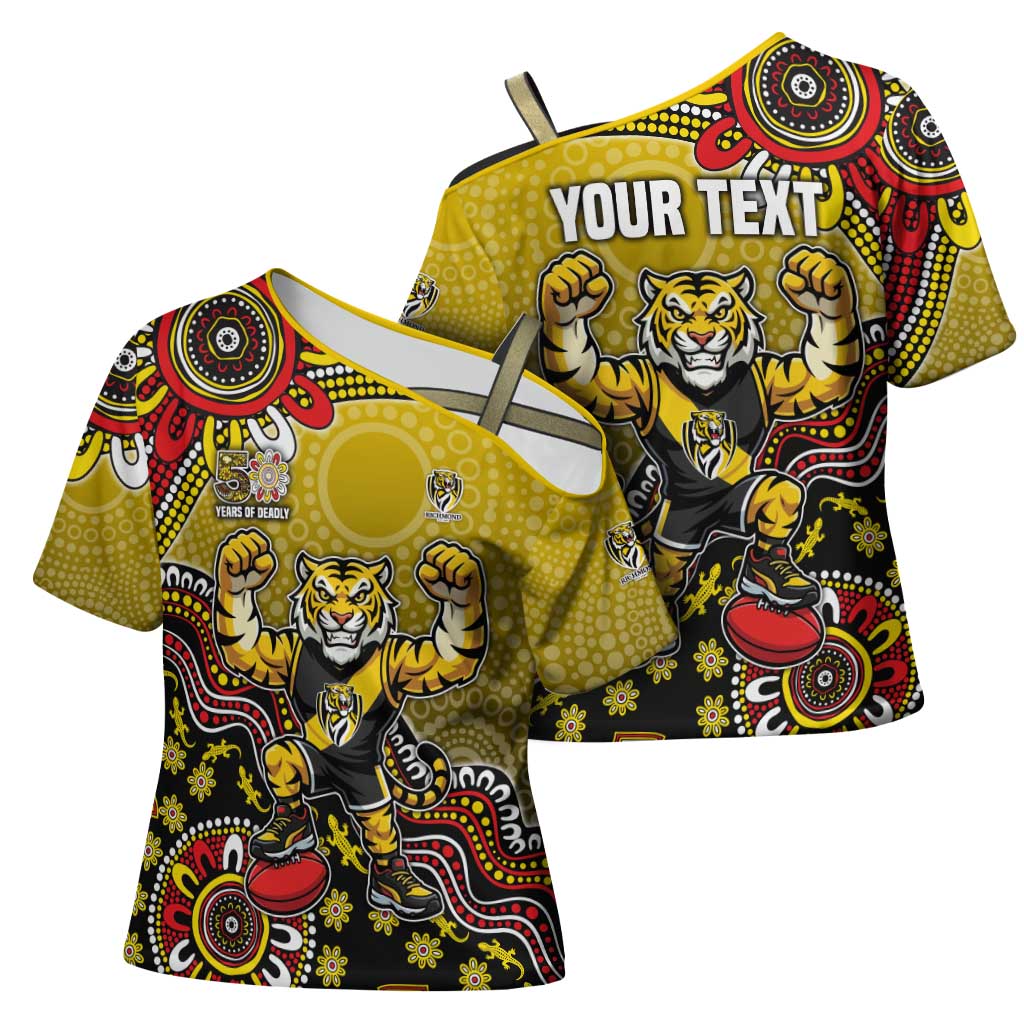 Personalized Richmond Tigers  Football Mascot Cross Shoulder Shirt Aboriginal Dot Art Style Vibrant Indigenous Pattern Design
