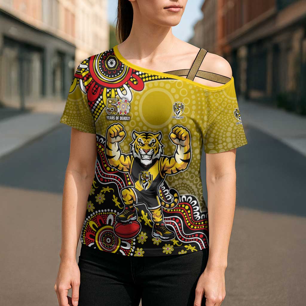 Personalized Richmond Tigers  Football Mascot Cross Shoulder Shirt Aboriginal Dot Art Style Vibrant Indigenous Pattern Design