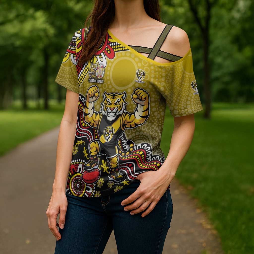 Personalized Richmond Tigers  Football Mascot Cross Shoulder Shirt Aboriginal Dot Art Style Vibrant Indigenous Pattern Design