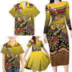 Personalized Richmond Tigers  Football Mascot Family Matching Long Sleeve Bodycon Dress and Hawaiian Shirt Aboriginal Dot Art Style Vibrant Indigenous Pattern Design
