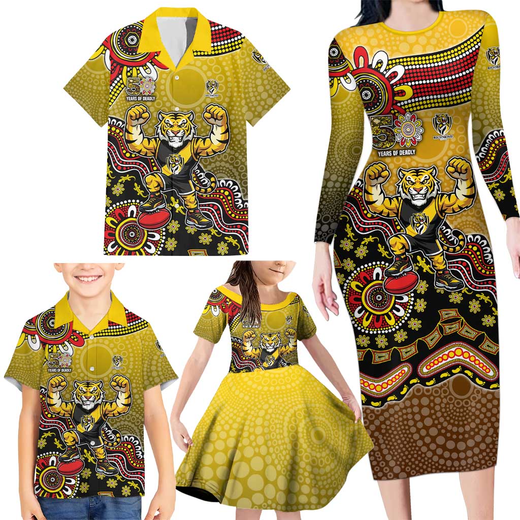 Personalized Richmond Tigers  Football Mascot Family Matching Long Sleeve Bodycon Dress and Hawaiian Shirt Aboriginal Dot Art Style Vibrant Indigenous Pattern Design