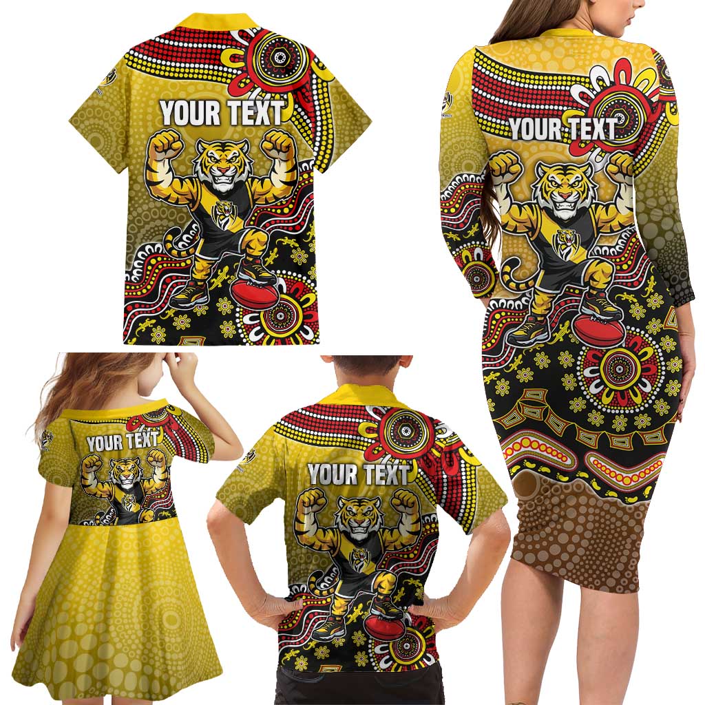 Personalized Richmond Tigers  Football Mascot Family Matching Long Sleeve Bodycon Dress and Hawaiian Shirt Aboriginal Dot Art Style Vibrant Indigenous Pattern Design