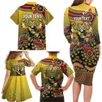 Personalized Richmond Tigers  Football Mascot Family Matching Long Sleeve Bodycon Dress and Hawaiian Shirt Aboriginal Dot Art Style Vibrant Indigenous Pattern Design