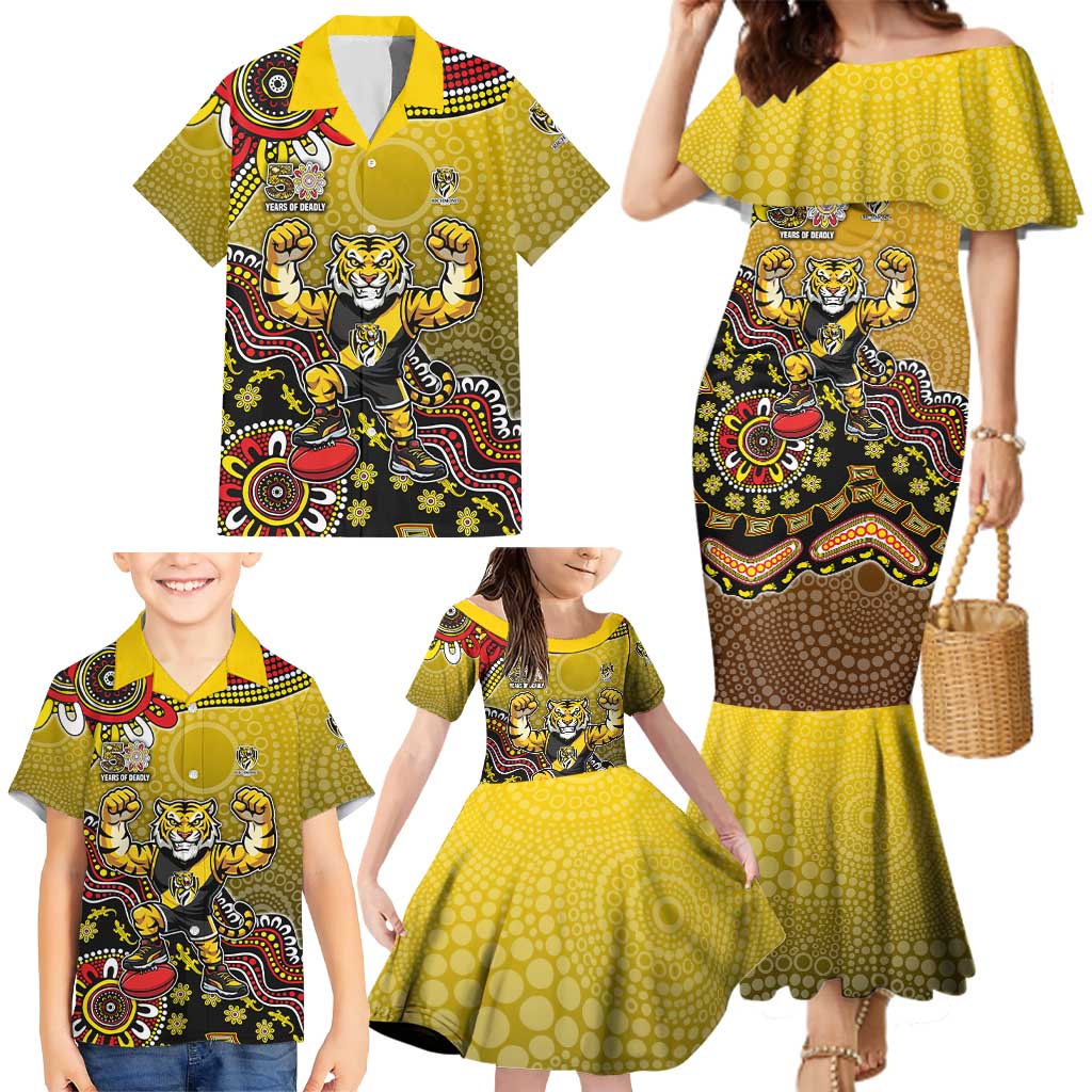 Personalized Richmond Tigers  Football Mascot Family Matching Mermaid Dress and Hawaiian Shirt Aboriginal Dot Art Style Vibrant Indigenous Pattern Design