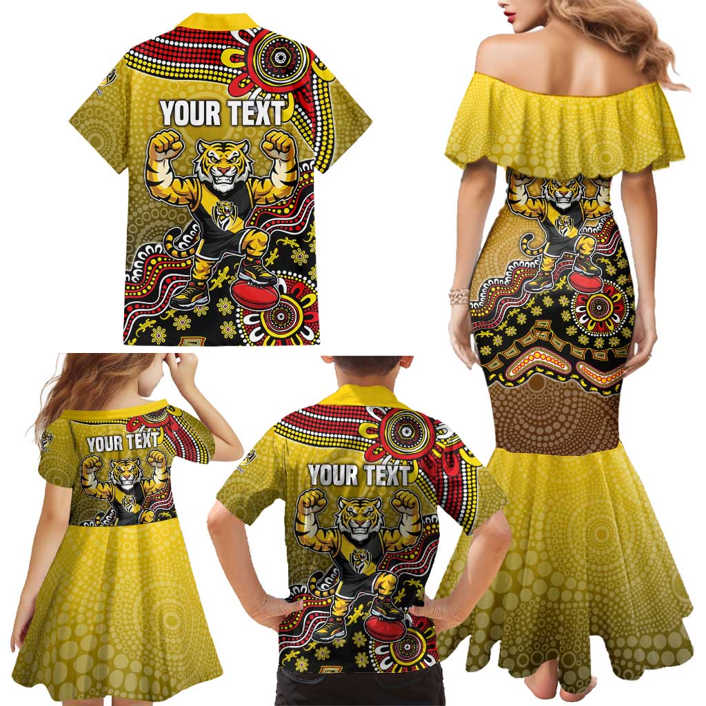 Personalized Richmond Tigers  Football Mascot Family Matching Mermaid Dress and Hawaiian Shirt Aboriginal Dot Art Style Vibrant Indigenous Pattern Design