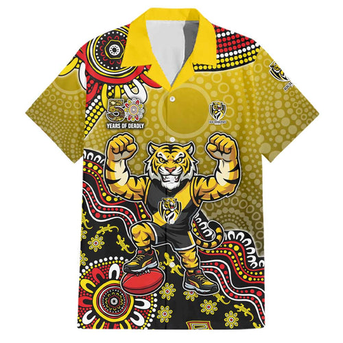 Personalized Richmond Tigers  Football Mascot Family Matching Mermaid Dress and Hawaiian Shirt Aboriginal Dot Art Style Vibrant Indigenous Pattern Design