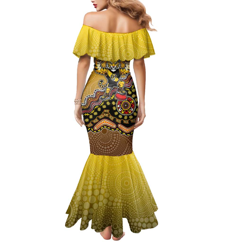 Personalized Richmond Tigers  Football Mascot Family Matching Mermaid Dress and Hawaiian Shirt Aboriginal Dot Art Style Vibrant Indigenous Pattern Design