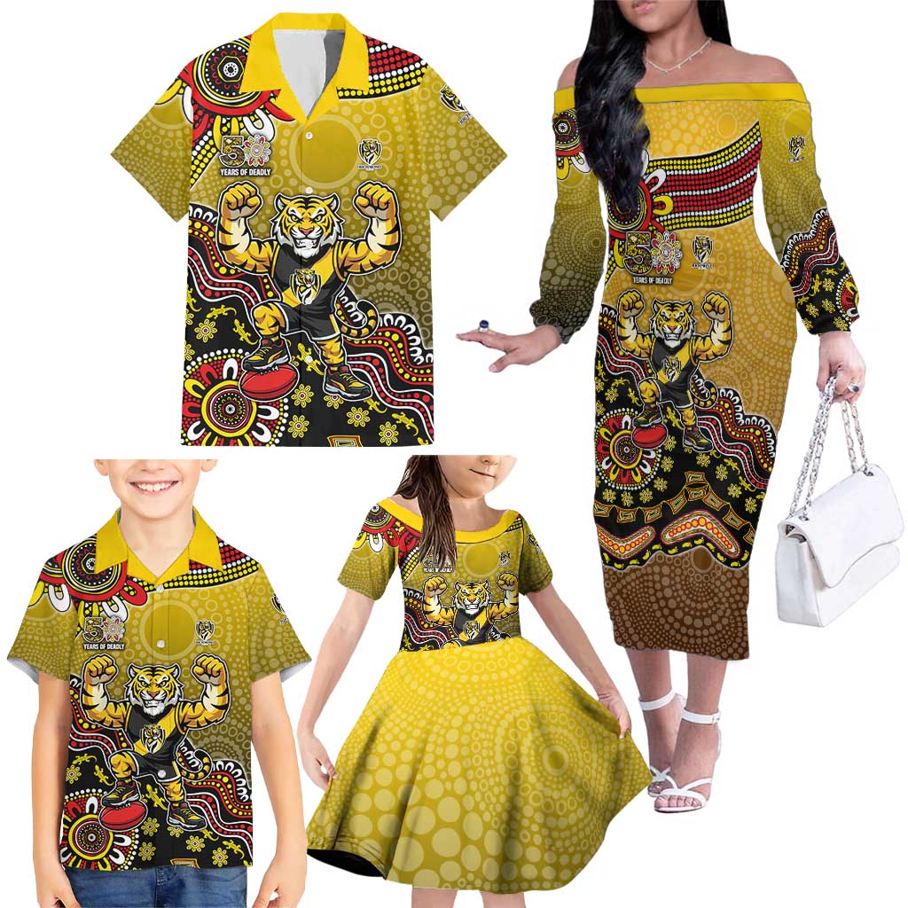 Personalized Richmond Tigers  Football Mascot Family Matching Off The Shoulder Long Sleeve Dress and Hawaiian Shirt Aboriginal Dot Art Style Vibrant Indigenous Pattern Design