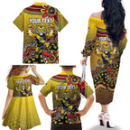 Personalized Richmond Tigers  Football Mascot Family Matching Off The Shoulder Long Sleeve Dress and Hawaiian Shirt Aboriginal Dot Art Style Vibrant Indigenous Pattern Design