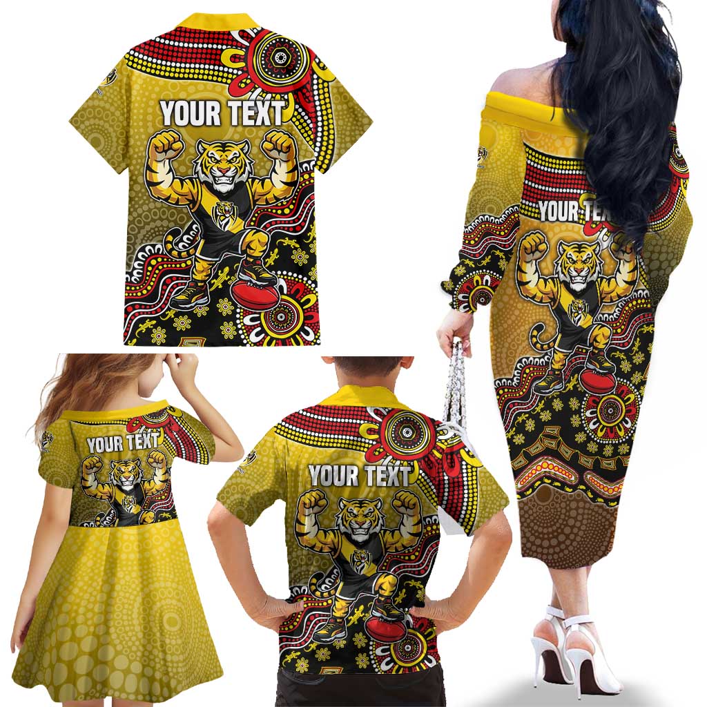 Personalized Richmond Tigers  Football Mascot Family Matching Off The Shoulder Long Sleeve Dress and Hawaiian Shirt Aboriginal Dot Art Style Vibrant Indigenous Pattern Design