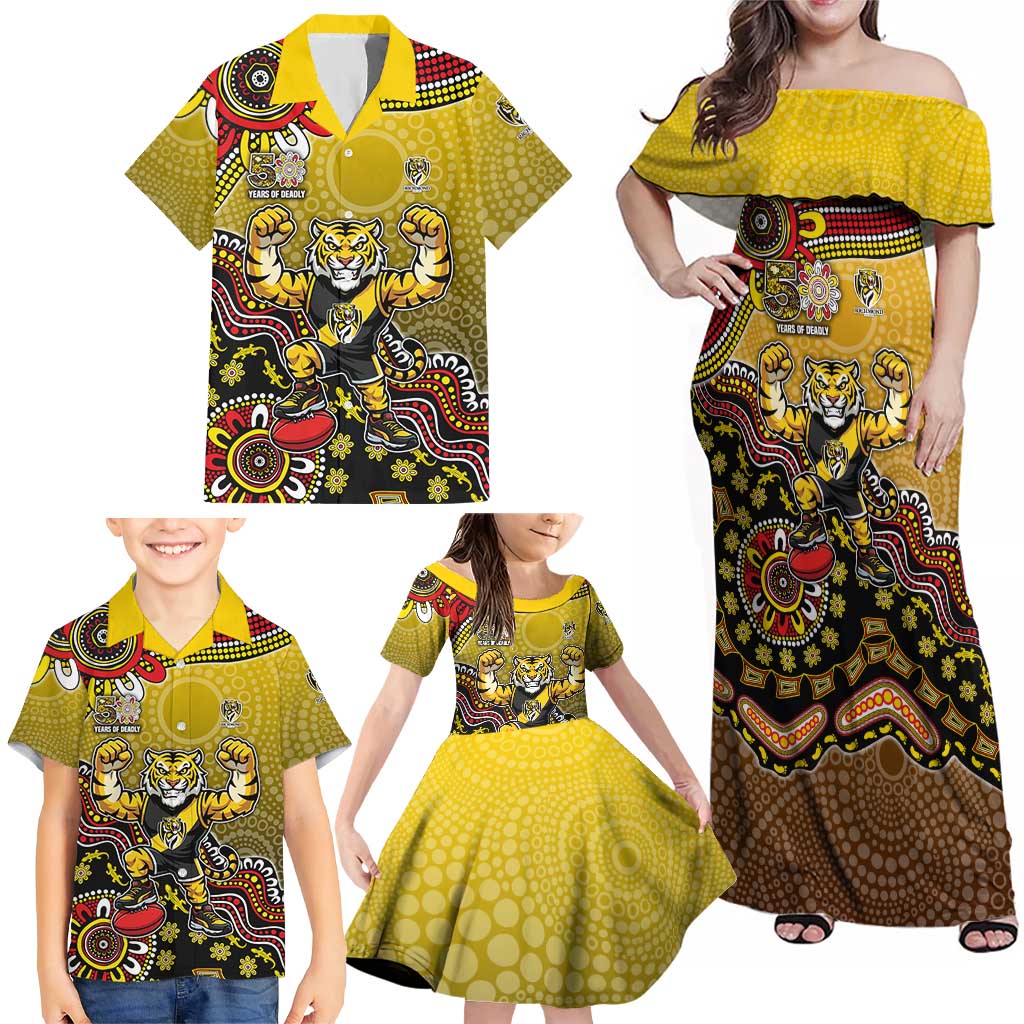 Personalized Richmond Tigers  Football Mascot Family Matching Off Shoulder Maxi Dress and Hawaiian Shirt Aboriginal Dot Art Style Vibrant Indigenous Pattern Design