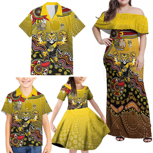 Personalized Richmond Tigers  Football Mascot Family Matching Off Shoulder Maxi Dress and Hawaiian Shirt Aboriginal Dot Art Style Vibrant Indigenous Pattern Design