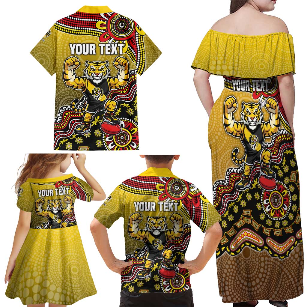 Personalized Richmond Tigers  Football Mascot Family Matching Off Shoulder Maxi Dress and Hawaiian Shirt Aboriginal Dot Art Style Vibrant Indigenous Pattern Design