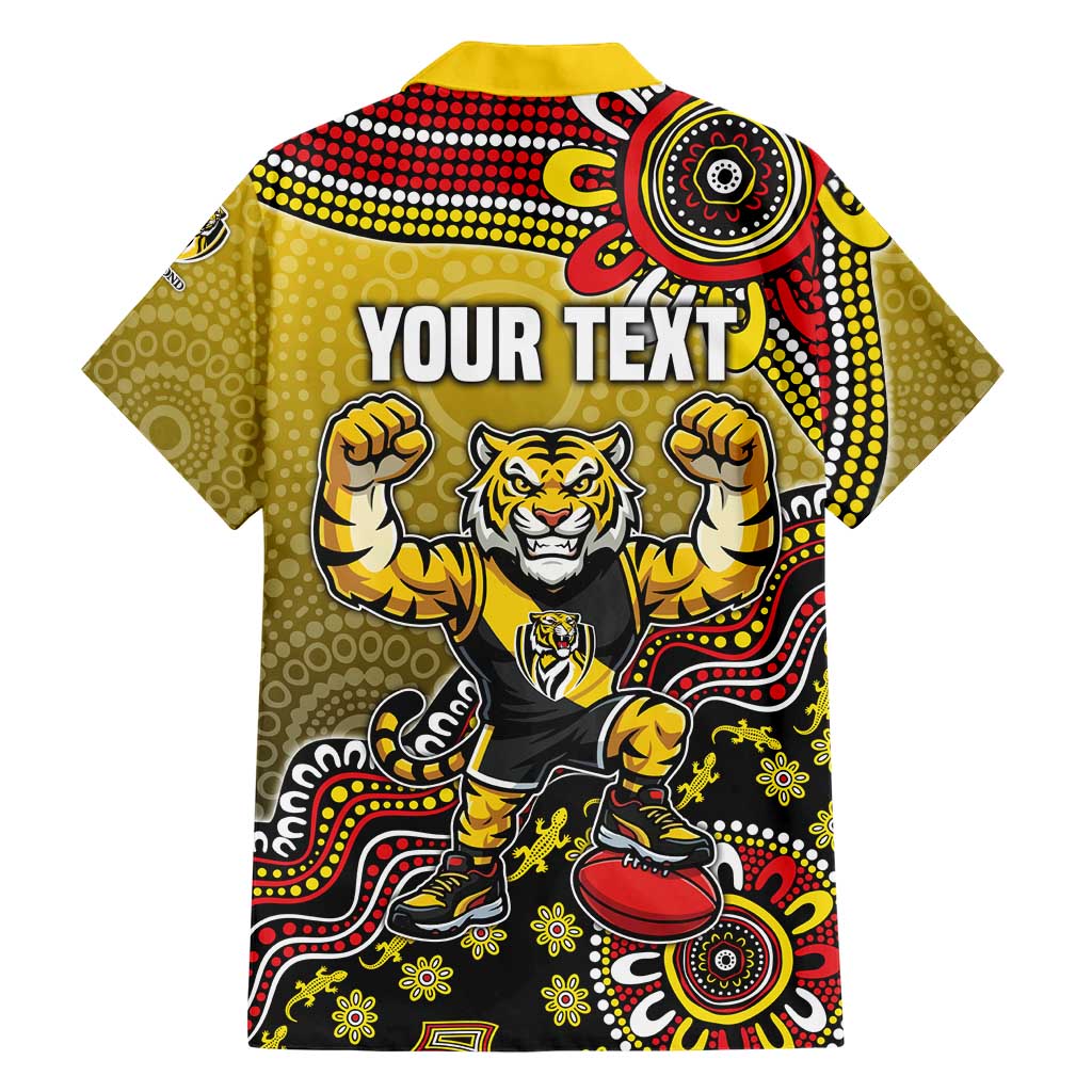 Personalized Richmond Tigers  Football Mascot Family Matching Off Shoulder Maxi Dress and Hawaiian Shirt Aboriginal Dot Art Style Vibrant Indigenous Pattern Design