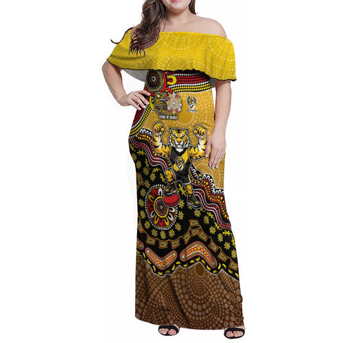 Personalized Richmond Tigers  Football Mascot Family Matching Off Shoulder Maxi Dress and Hawaiian Shirt Aboriginal Dot Art Style Vibrant Indigenous Pattern Design