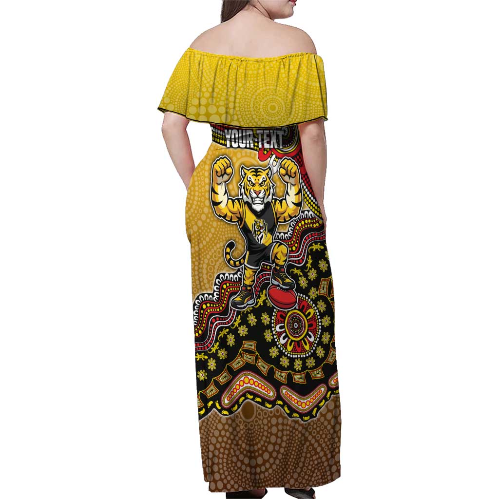 Personalized Richmond Tigers  Football Mascot Family Matching Off Shoulder Maxi Dress and Hawaiian Shirt Aboriginal Dot Art Style Vibrant Indigenous Pattern Design