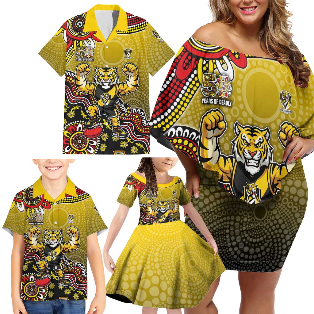 Personalized Richmond Tigers  Football Mascot Family Matching Off Shoulder Short Dress and Hawaiian Shirt Aboriginal Dot Art Style Vibrant Indigenous Pattern Design