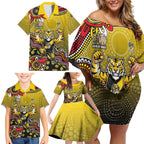 Personalized Richmond Tigers  Football Mascot Family Matching Off Shoulder Short Dress and Hawaiian Shirt Aboriginal Dot Art Style Vibrant Indigenous Pattern Design
