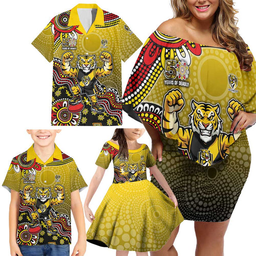 Personalized Richmond Tigers  Football Mascot Family Matching Off Shoulder Short Dress and Hawaiian Shirt Aboriginal Dot Art Style Vibrant Indigenous Pattern Design