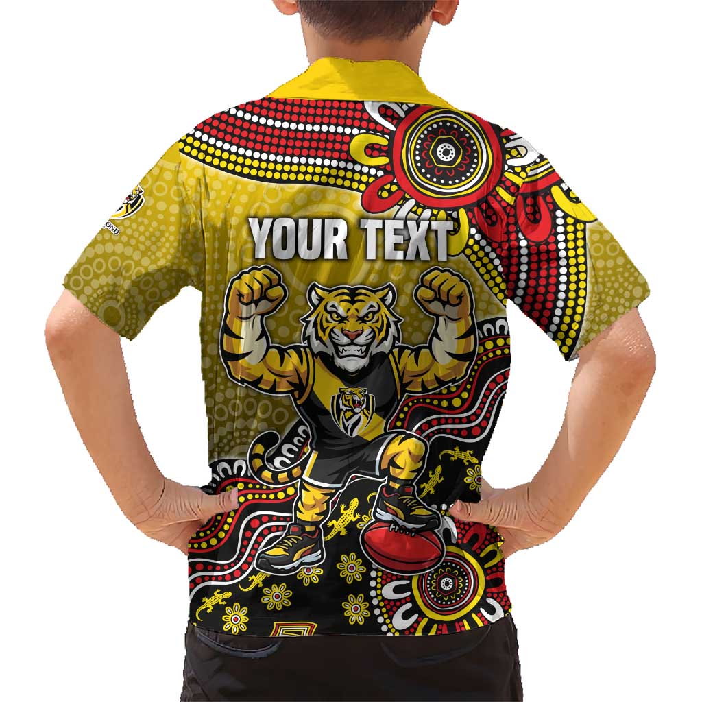 Personalized Richmond Tigers  Football Mascot Family Matching Off Shoulder Short Dress and Hawaiian Shirt Aboriginal Dot Art Style Vibrant Indigenous Pattern Design