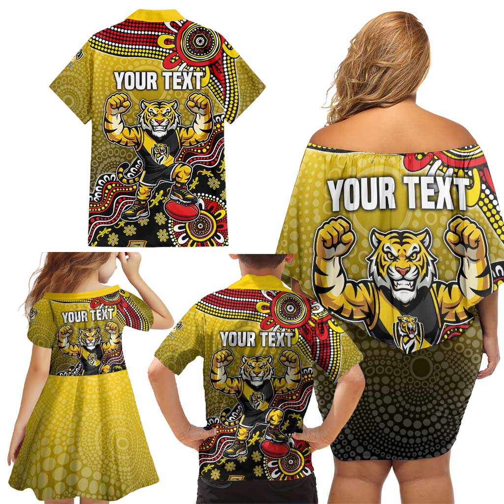 Personalized Richmond Tigers  Football Mascot Family Matching Off Shoulder Short Dress and Hawaiian Shirt Aboriginal Dot Art Style Vibrant Indigenous Pattern Design