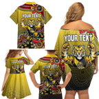 Personalized Richmond Tigers  Football Mascot Family Matching Off Shoulder Short Dress and Hawaiian Shirt Aboriginal Dot Art Style Vibrant Indigenous Pattern Design