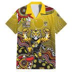Personalized Richmond Tigers  Football Mascot Family Matching Off Shoulder Short Dress and Hawaiian Shirt Aboriginal Dot Art Style Vibrant Indigenous Pattern Design