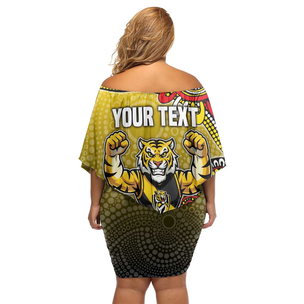 Personalized Richmond Tigers  Football Mascot Family Matching Off Shoulder Short Dress and Hawaiian Shirt Aboriginal Dot Art Style Vibrant Indigenous Pattern Design