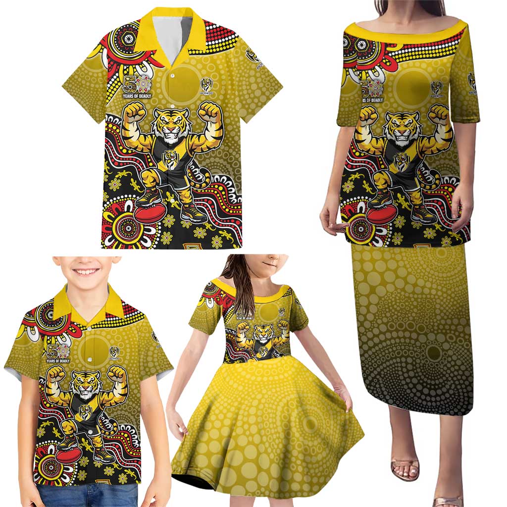 Personalized Richmond Tigers  Football Mascot Family Matching Puletasi and Hawaiian Shirt Aboriginal Dot Art Style Vibrant Indigenous Pattern Design