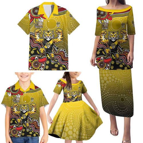 Personalized Richmond Tigers  Football Mascot Family Matching Puletasi and Hawaiian Shirt Aboriginal Dot Art Style Vibrant Indigenous Pattern Design