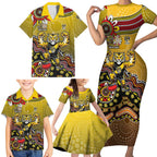 Personalized Richmond Tigers  Football Mascot Family Matching Short Sleeve Bodycon Dress and Hawaiian Shirt Aboriginal Dot Art Style Vibrant Indigenous Pattern Design