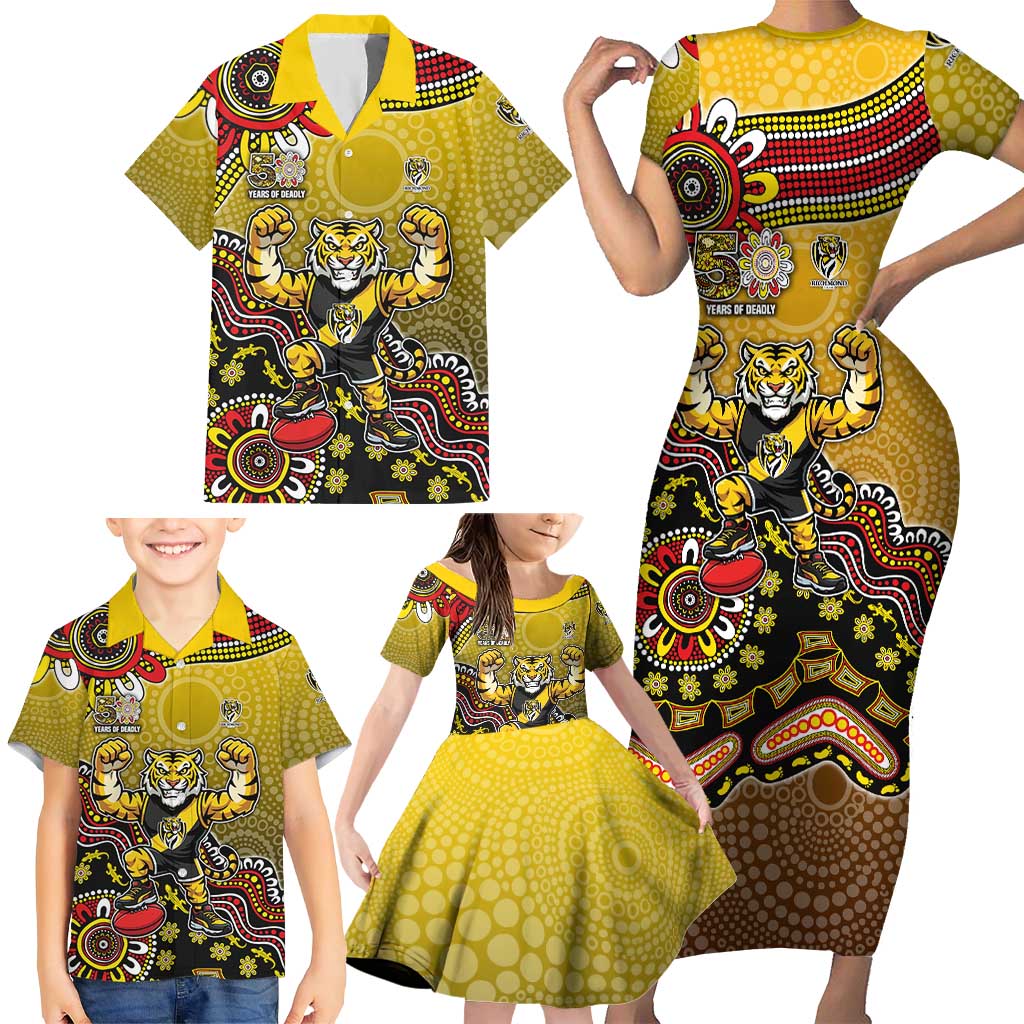 Personalized Richmond Tigers  Football Mascot Family Matching Short Sleeve Bodycon Dress and Hawaiian Shirt Aboriginal Dot Art Style Vibrant Indigenous Pattern Design