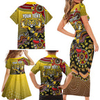 Personalized Richmond Tigers  Football Mascot Family Matching Short Sleeve Bodycon Dress and Hawaiian Shirt Aboriginal Dot Art Style Vibrant Indigenous Pattern Design