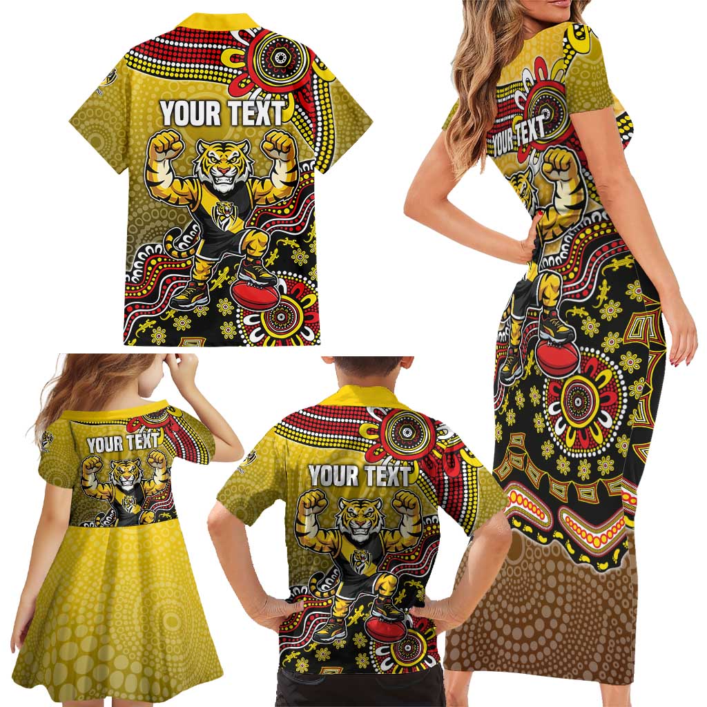 Personalized Richmond Tigers  Football Mascot Family Matching Short Sleeve Bodycon Dress and Hawaiian Shirt Aboriginal Dot Art Style Vibrant Indigenous Pattern Design