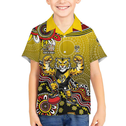 Personalized Richmond Tigers  Football Mascot Family Matching Short Sleeve Bodycon Dress and Hawaiian Shirt Aboriginal Dot Art Style Vibrant Indigenous Pattern Design
