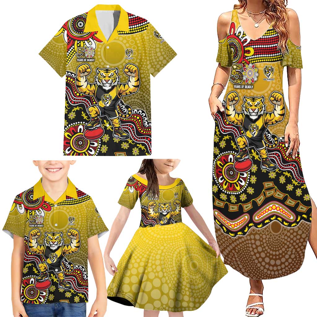 Personalized Richmond Tigers  Football Mascot Family Matching Summer Maxi Dress and Hawaiian Shirt Aboriginal Dot Art Style Vibrant Indigenous Pattern Design