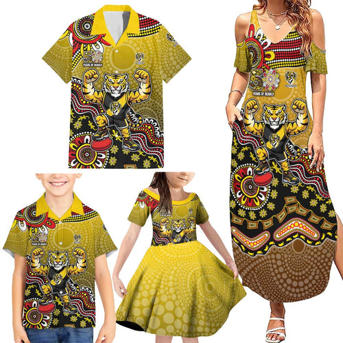 Personalized Richmond Tigers  Football Mascot Family Matching Summer Maxi Dress and Hawaiian Shirt Aboriginal Dot Art Style Vibrant Indigenous Pattern Design