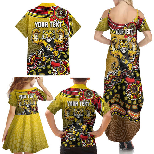 Personalized Richmond Tigers  Football Mascot Family Matching Summer Maxi Dress and Hawaiian Shirt Aboriginal Dot Art Style Vibrant Indigenous Pattern Design