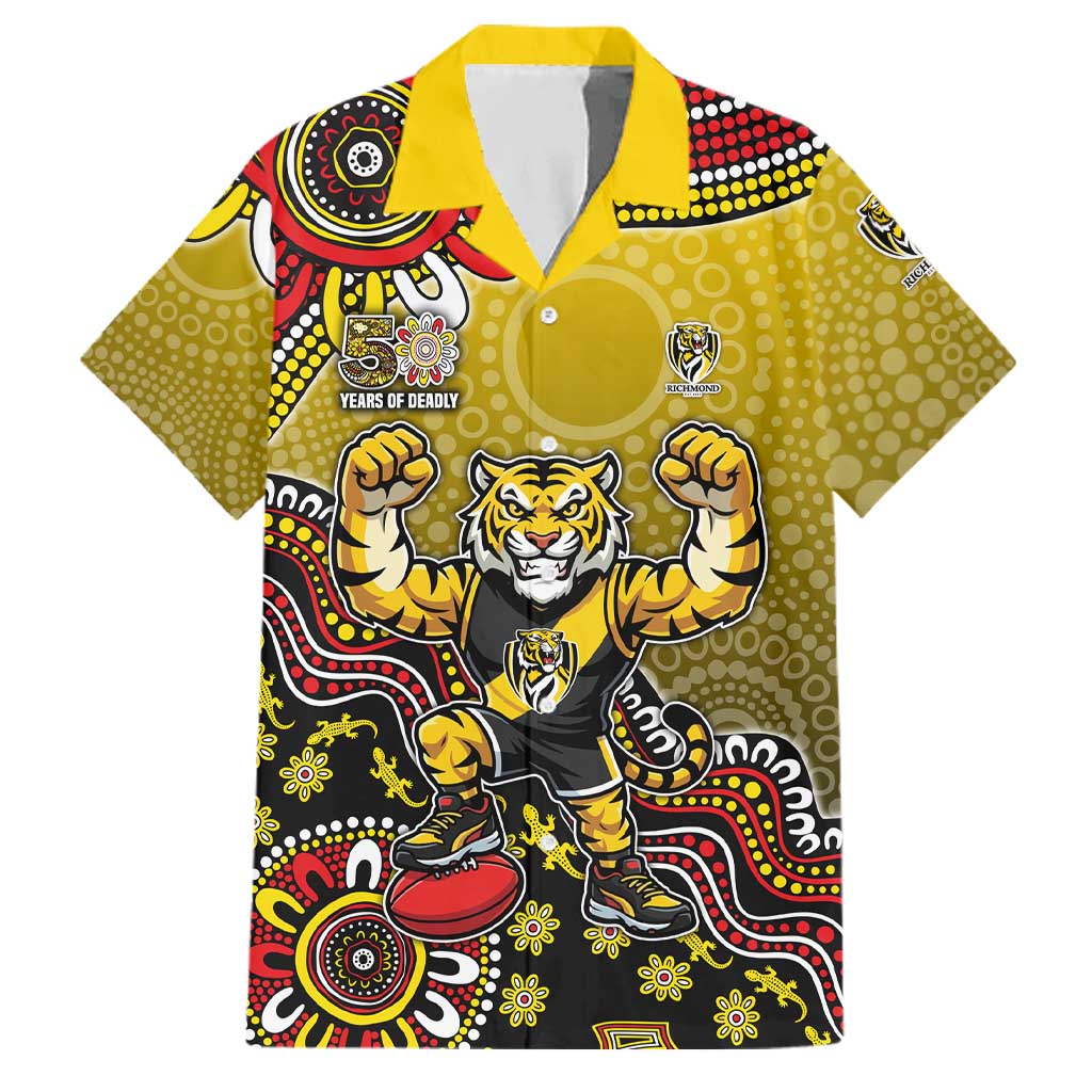 Personalized Richmond Tigers  Football Mascot Family Matching Summer Maxi Dress and Hawaiian Shirt Aboriginal Dot Art Style Vibrant Indigenous Pattern Design