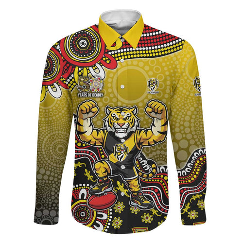Personalized Richmond Tigers  Football Mascot Family Matching Summer Maxi Dress and Hawaiian Shirt Aboriginal Dot Art Style Vibrant Indigenous Pattern Design