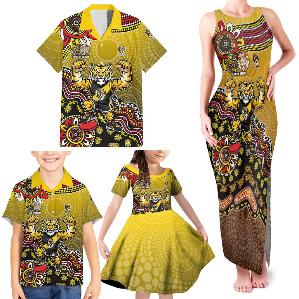Personalized Richmond Tigers  Football Mascot Family Matching Tank Maxi Dress and Hawaiian Shirt Aboriginal Dot Art Style Vibrant Indigenous Pattern Design