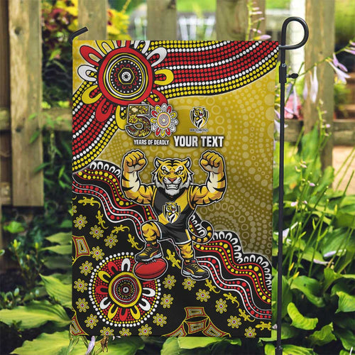 Personalized Richmond Tigers  Football Mascot Garden Flag Aboriginal Dot Art Style Vibrant Indigenous Pattern Design